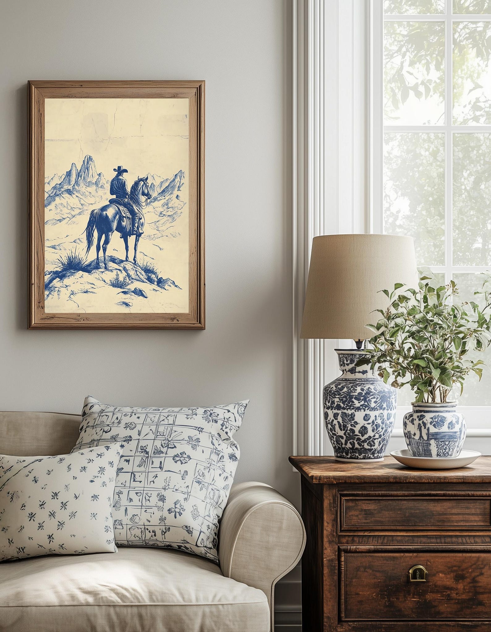 Western Chinoiserie Art Print | Blue Cowboy Wall Decor | Vintage Horse ...