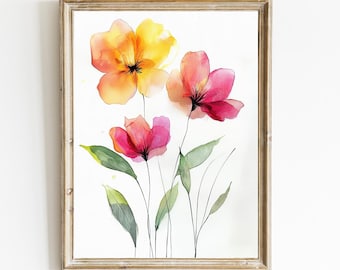 May include: Watercolor painting of three flowers in shades of yellow, pink, and orange. The flowers have delicate petals and are arranged in a bouquet with green leaves.