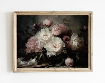 Dark Floral Still Life Painting | PRINTABLE | Rustic Botanical Wall Art Print | Vintage Floral Art | Digital Download | E588