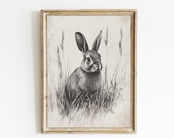 Vintage Spring Rabbit Print | Vintage Easter Bunny Sketch | Farmhouse Printable | Country Printable Wall Art | Rustic Easter Print | E198