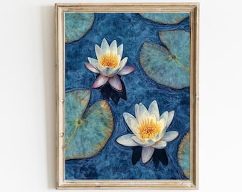 Waterlelies | Muurkunst lotusbloem | Botanische wanddecoratie | Bloemenmuurprint | Bloeiende waterlelie in blauw | DIGITALE download | E563