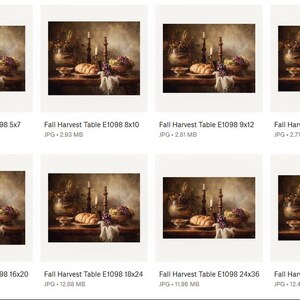 May include: A still life painting of a fall harvest table. The table is laden with bread, grapes, and candles. The text "Fall Harvest Table E1098" is visible. The image is available in various sizes, including 5x7, 8x10, and 11x14 inches.
