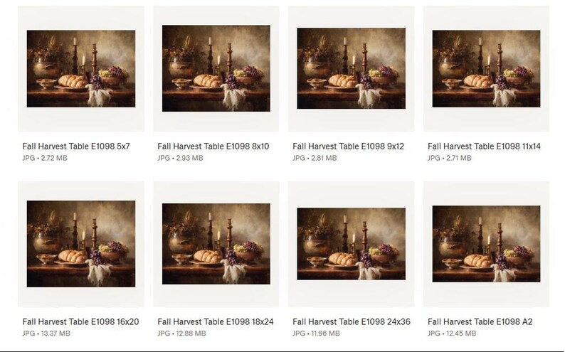 May include: A still life painting of a fall harvest table. The table is laden with bread, grapes, and candles. The text "Fall Harvest Table E1098" is visible. The image is available in various sizes, including 5x7, 8x10, and 11x14 inches.