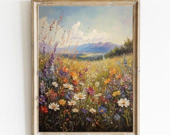Field of Wildflowers | Spring Meadow Print | Neutral Landscape | Vintage Print | Farmhouse Wall Decor | PRINTABLE | Digital Download | E326