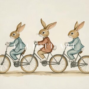 Vintage Child Riding Rabbit Cycling Bunnies| Neutral Nursery Country Decor | Vintage Nursery ...