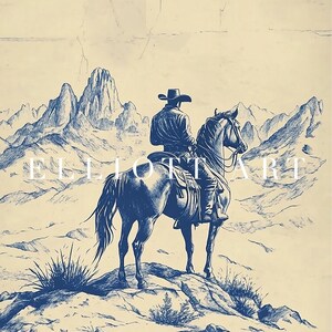 Western Chinoiserie Art Print | Blue Cowboy Wall Decor | Vintage Horse ...