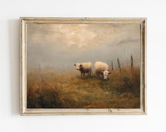Vintage ländliche Kuhmalerei | Vintage Landschaftsdruck | Französisches Bauernhaus | Digitaler Download | DRUCKBAR | E1242