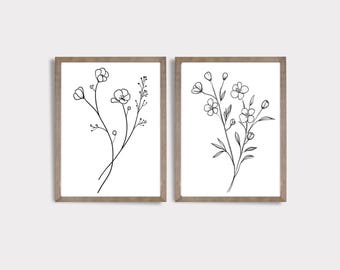 Minimalistic Floral Line Drawing SET of Two | Flower Print | Modern Floral | Farmhouse Botanical | Minimalistic Art | Digital Print | E449