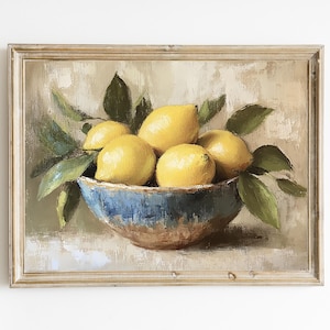 May include: A painting of a bowl filled with lemons and green leaves. The bowl is blue and white with a rustic glaze. The lemons are yellow and have a slight green tint. The leaves are green and have a light brown stem.