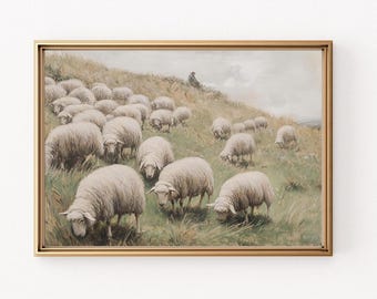 アンティーク羊の絵画：ヴィンテージ農家の風景画（デジタル印刷可能