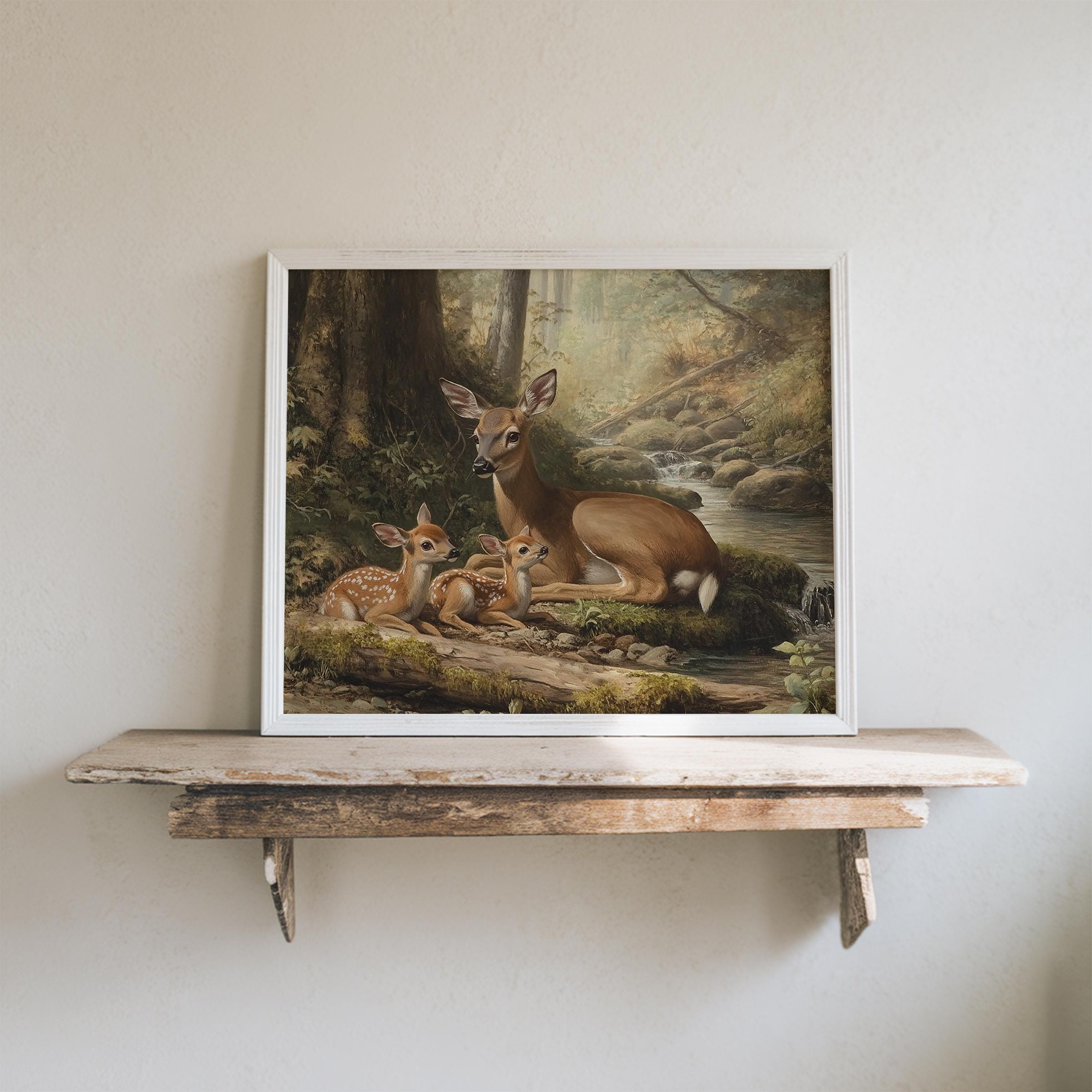 Deer Family Print | Baby Deer Art Print | Vintage Forest Countryside ...
