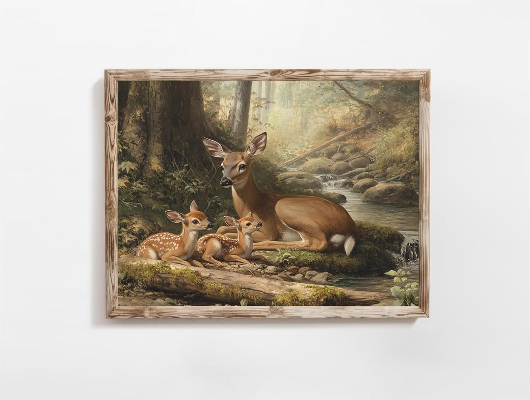 Deer Family Print | Baby Deer Art Print | Vintage Forest Countryside ...