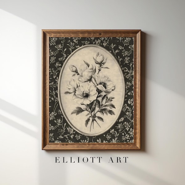 Arte botánico para guardería / Arte imprimible / Arte floral estilo cottagecore para guardería / Decoración de dormitorio de niña / Boceto de rosa / Arte mural digital descargable / E47