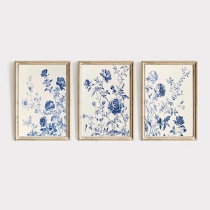 Blue Botanical SET of Three | Printable Wall Decor | Chinoiserie Wall Art | Minimalist Print | PRINTABLE Art | Floral Nursery Art | E348