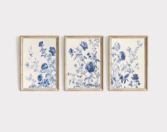 Blaue botanische SET von drei | Druckbare Wand Dekor | Chinoiserie Wandkunst | Minimalistischer Druck | DRUCKBARE Kunst | Florale Kinderzimmer Kunst | E348