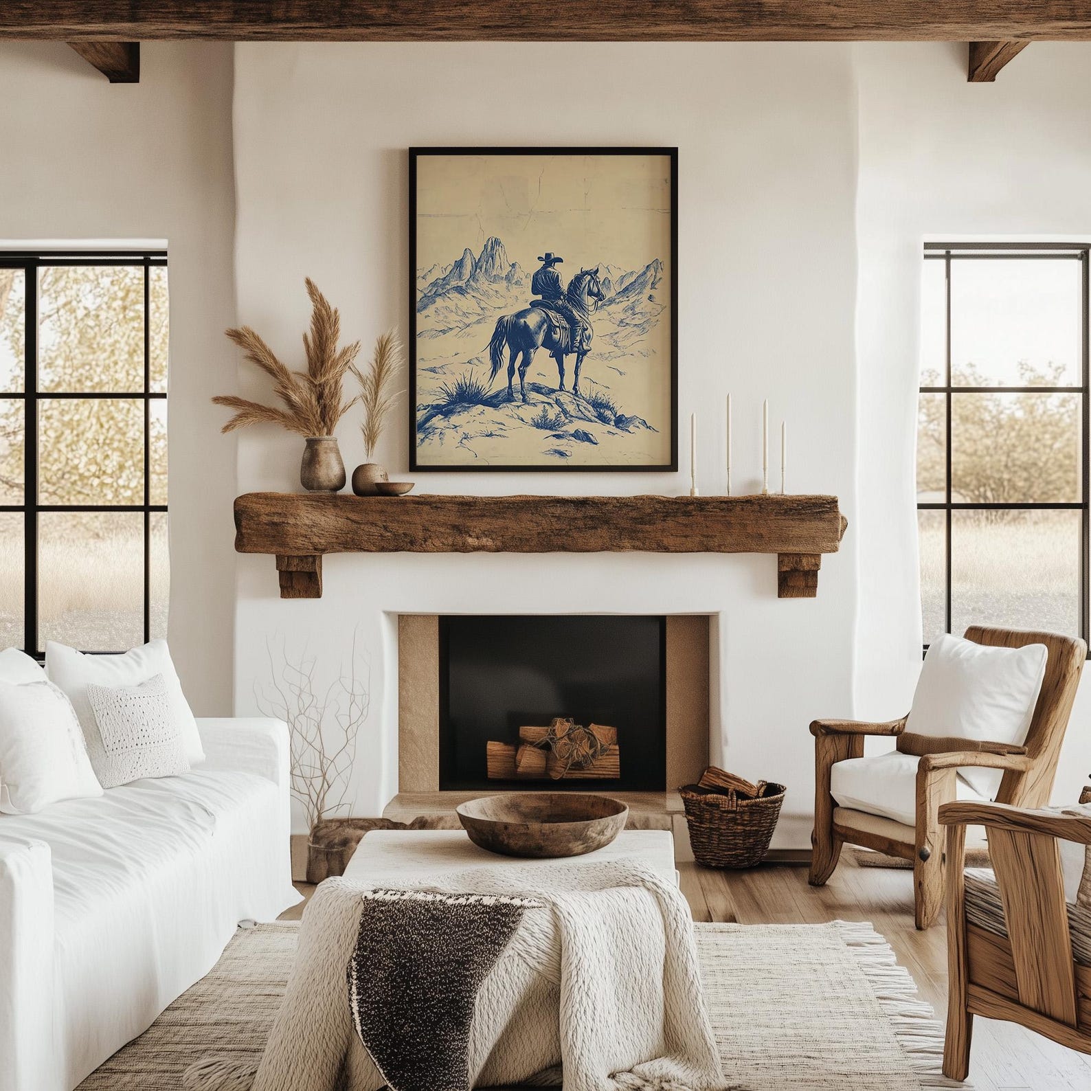 Western Chinoiserie Art Print | Blue Cowboy Wall Decor | Vintage Horse ...