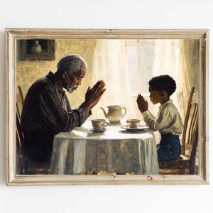 Thankful Art Print | Christian Decor | Praying Over Meal Wall Decor | Old Man and Boy Praying | Christian Printable Wall Art | Jesus | E964