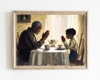 Dankbar Kunstdruck | Christliche Dekoration | Beten über Mahlzeit Wanddekor | Alter Mann und Junge betend | Christliche druckbare Wandkunst | Jesus | E964