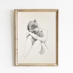 Sketch of a Woman and Her Cat | Line Drawing | Neutral Farmhouse Wall Art | Contemporary Modern Neutral Art PRINTABLE | Downloadable | E927