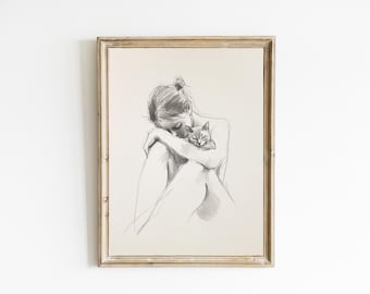 Sketch of a Woman and Her Cat | Line Drawing | Neutral Farmhouse Wall Art | Contemporary Modern Neutral Art PRINTABLE | Downloadable | E927