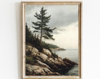Vintage Pine on the Coast | Vintage Pine Tree Seascape | Rustic Country Painting | Digital Art | Vintage Rustic Decor | PRINTABLE | E607
