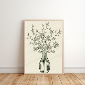 Arte floral abstracto verde / Boceto floral contemporáneo / Decoración de pared moderna y caprichosa / Arte minimalista / Descarga digital / E618