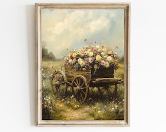 Rustic Cart of Wildflowers | Farmhouse Decor | Vintage Cottagecore Decor | Country Landscape | Spring Wall Print | Digital Download | E352