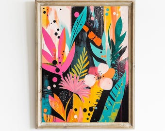 May include: A framed abstract painting with a tropical theme. The painting features bright colors, including pink, yellow, blue, and green, and depicts stylized flowers and leaves.