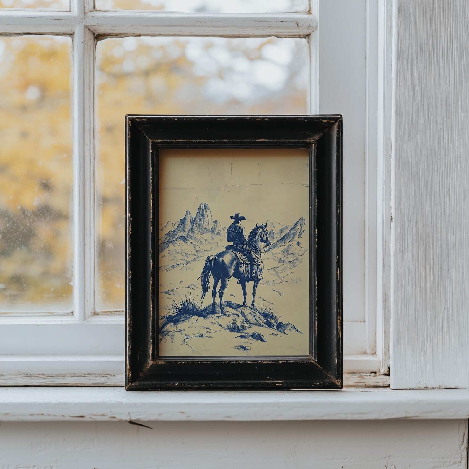 Western Chinoiserie Art Print | Blue Cowboy Wall Decor | Vintage Horse ...