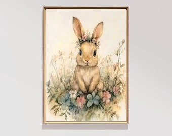 Vintage Spring Bunny Painting | Nursery Print | Easter Bunny Printable | Vintage Spring Print | PRINTABLE Easter Farmhouse Decor |  | E150