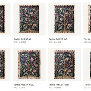 May include: A collection of framed textile art prints featuring a detailed tree design with birds, flowers, and foliage in shades of blue, red, and beige. Each print is labeled with "Textile Art E57" and size dimensions.