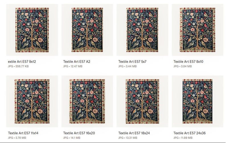 May include: A collection of framed textile art prints featuring a detailed tree design with birds, flowers, and foliage in shades of blue, red, and beige. Each print is labeled with "Textile Art E57" and size dimensions.