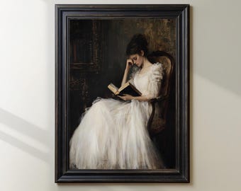 Vintage Portrait Woman Reading | Vintage Print | Antique Bedroom Wall Decor | Library Wall Art | Digital Downloadable Art Print | E461