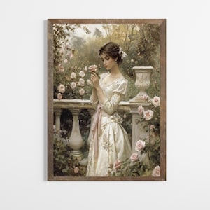 Lady in English Garden | Vintage Print | Antique Bedroom Wall Decor | Elegant Library Wall Art | Digital Downloadable Art Print | E486