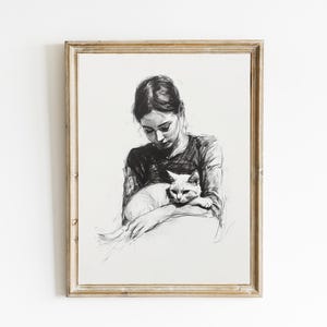 Charcoal Sketch of a Woman and Cat | Line Drawing | Neutral Farmhouse Art | Contemporary Modern Neutral Art PRINTABLE | Downloadable | E928
