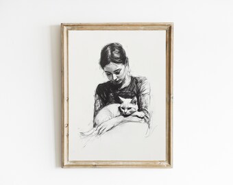 Charcoal Sketch of a Woman and Cat | Line Drawing | Neutral Farmhouse Art | Contemporary Modern Neutral Art PRINTABLE | Downloadable | E928