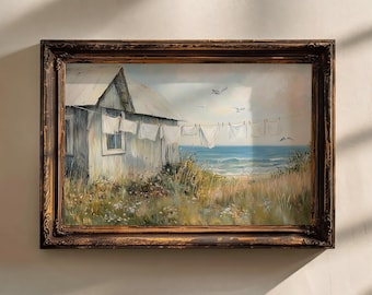 Impression de corde à linge de blanchisserie | Impression de paysage marin de plage | Décoration murale côtière estivale | Art mural vintage cottage de plage | IMPRIMABLE | NUMÉRIQUE | E641