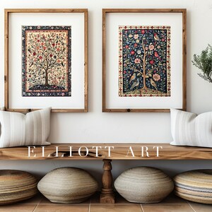 May include: Two framed floral art prints with wooden frames hang above a wooden bench. The bench holds striped pillows, a decorative vase with greenery, and woven floor cushions. The text "ELLIOTT ART" is visible.