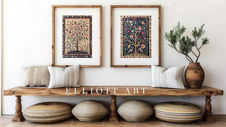 May include: Two framed floral art prints with wooden frames hang above a wooden bench. The bench holds striped pillows, a decorative vase with greenery, and woven floor cushions. The text "ELLIOTT ART" is visible.