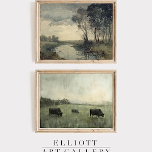 Vintage Rural Countryside SET of Two Prints | Cows in Pasture Landscape | Farmhouse Wall Art | Digital Download | PRINTABLE  | E291