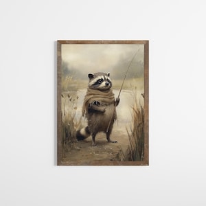 Woodland Racoon Fishing | Whimsical Nursery Wall Art | Vintage Nature Print | Natural Wall Decor  | PRINTABLE Art | Digital Download | E950