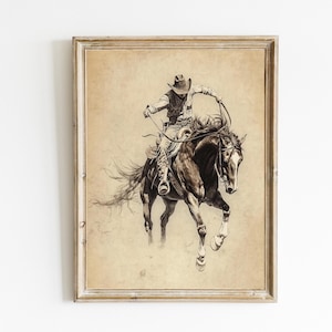 Western Art Print | Cowboy Riding Bucking Bronco Wall Decor | Vintage Horse Art | Rustic Horse Lover Gift | Rodeo Decor | PRINTABLE | E729
