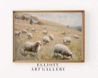 アンティーク羊の絵画：ヴィンテージ農家の風景画（デジタル印刷可能