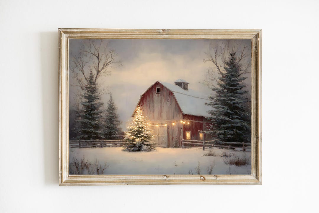 Rustic Red Christmas Barn | Christmas Farmhouse Print | Snowy Landscape ...
