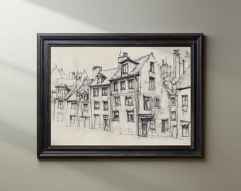 May include: A black and white line drawing of a row of buildings in a city. The drawing is framed in a dark wood frame.