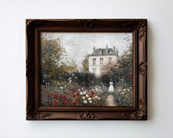 Jardín de cabaña francés / Pintura de rosas campestres serenas / Impresión de paisaje de verano / Pintura vintage / Decoración de dormitorio / Descarga imprimible / E541