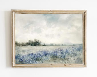 Blue Wildflower Landscape | Vintage Spring Wall Art | Neutral Wall Decor | Muted Cottagecore Wall Print | Spring Art PRINTABLE | E167
