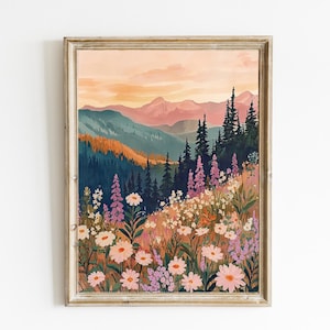Spring Mountain |  Wildflower Landscape Wall Decor | Mountain Wall Decor | Modern Farmhouse Art Print | PRINTABLE | Digital Download | E336