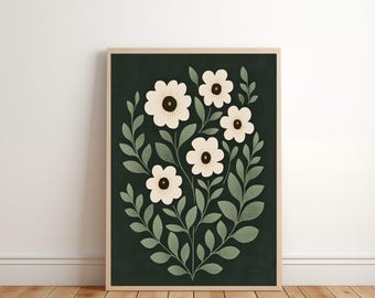 Mörkgrön blomkonst | Abstrakt blomtryck | Samtida botanisk konst | Japandi väggdekor | Beigegrön väggkonst | DIGITAL | E620