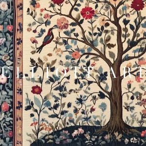 May include: A detailed tapestry featuring a tree with a brown trunk and branches, adorned with red, pink, and blue flowers and foliage. A bird is perched on a branch. The text "ELLIOTT ART" is visible.